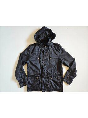 MURANO Men's M Black Hooded Utility Field Jacket Coat Zip Snap Stowaway Hood